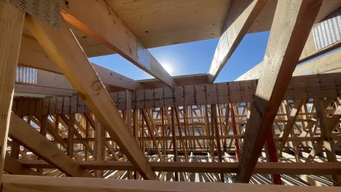 Sunshine and blue sky viewed from between timber framed trusses.