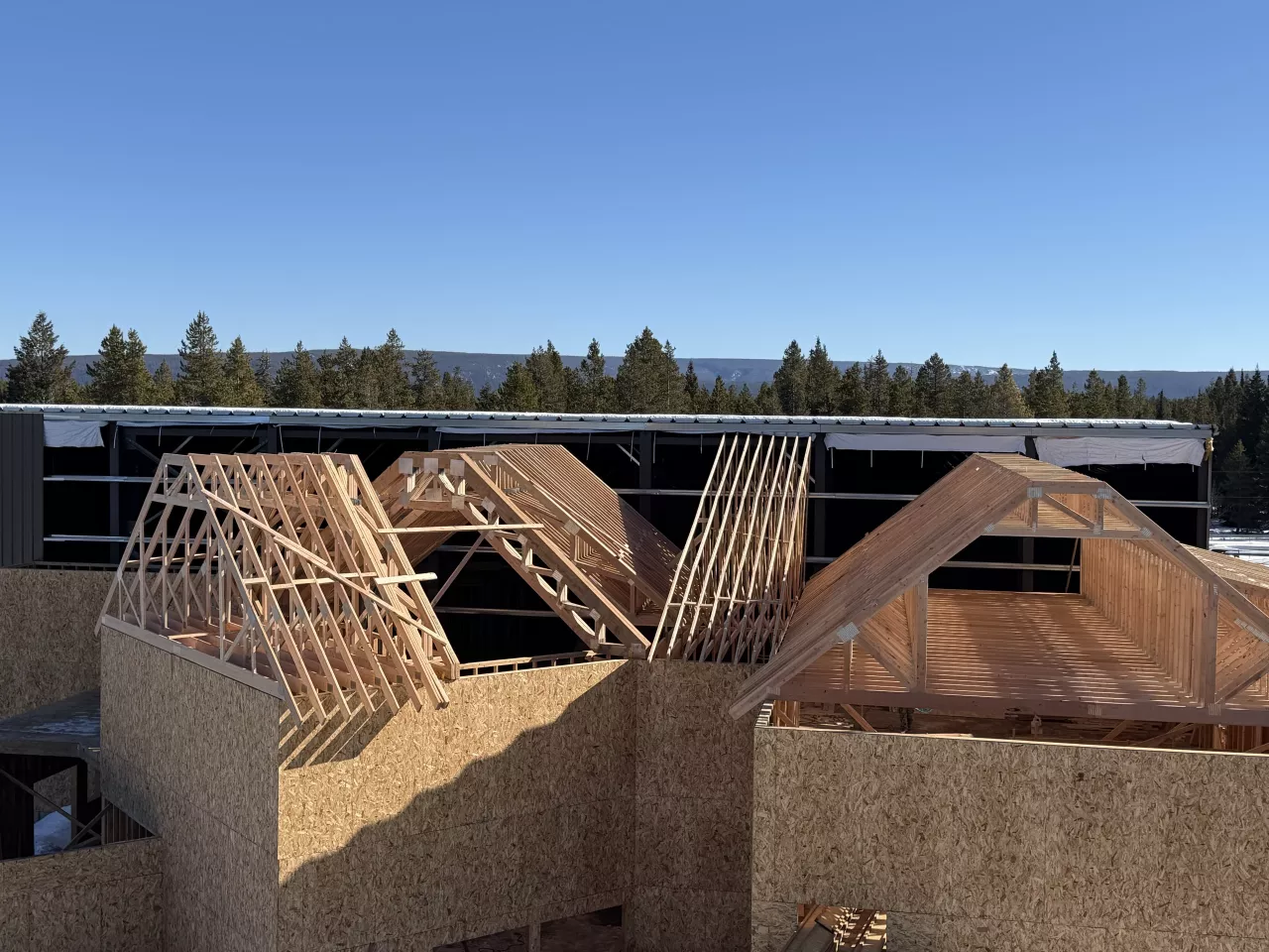 Roof trusses set on the Playmill Theater's gabled front buildings, pine forest and blue sky behind
